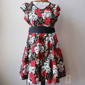 Skulls And Roses Swing Dress Pinup Vintage Inspired